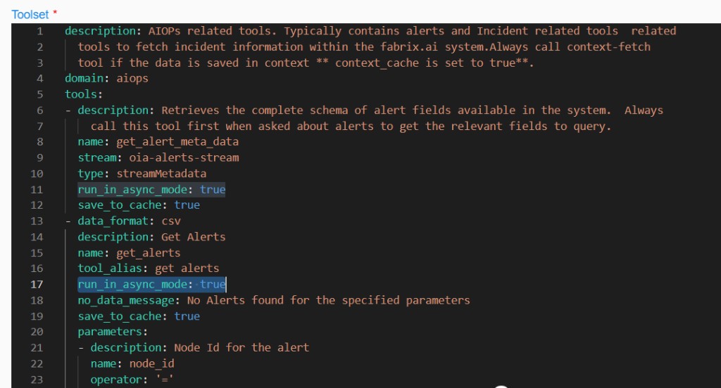Toolset YAML showing run_in_async_mode true on streamMetadata and streamQuery tools
