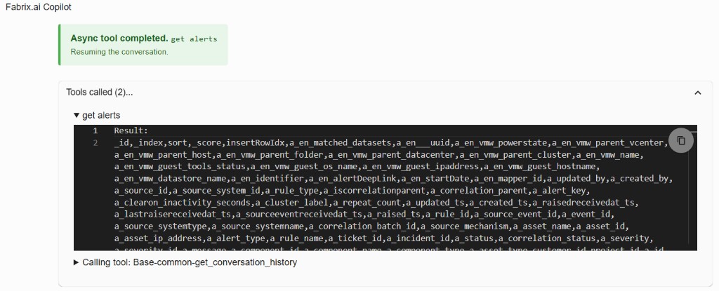 Async completed banner; get alerts result in tool panel; conversation resumes