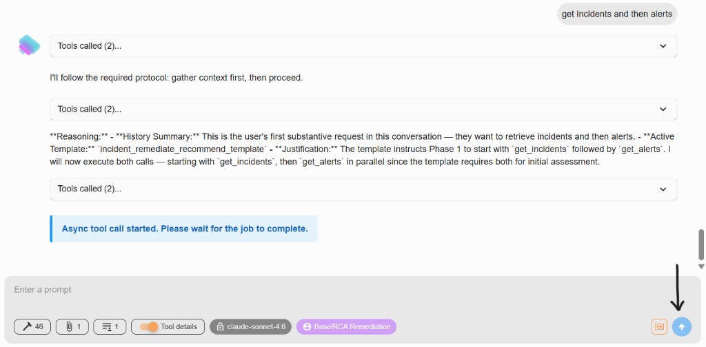 Same conversation with tools running; input area shows stop rather than send—user waits for tools to finish