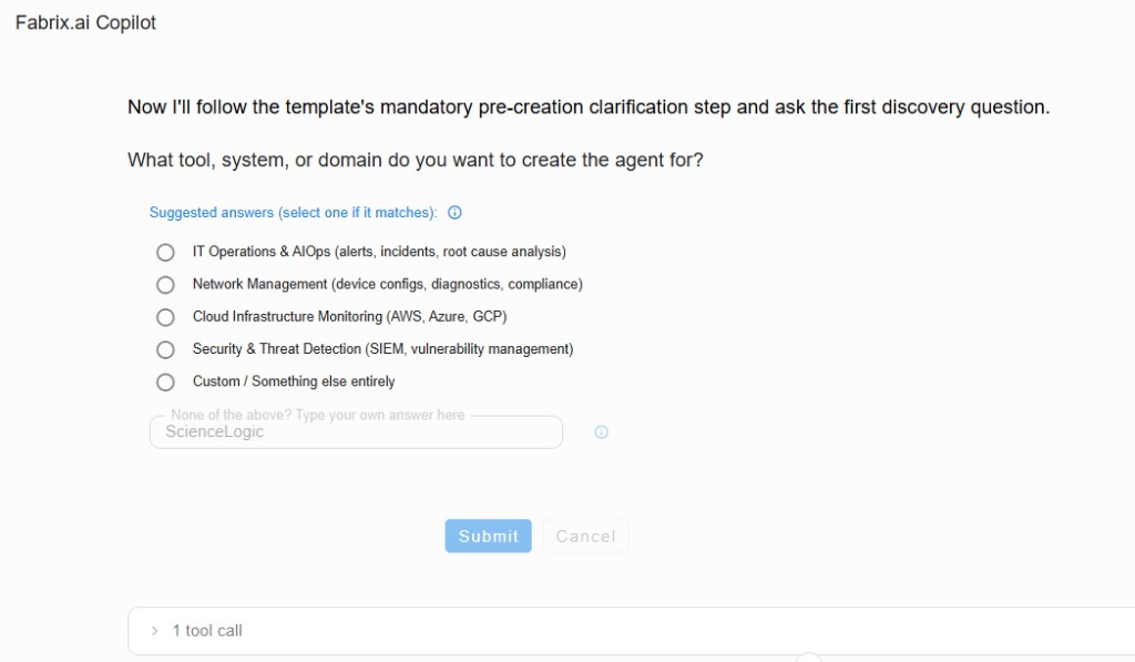 Elicitation UI: domain question with radio options and custom answer ScienceLogic