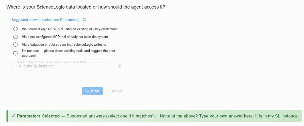 Elicitation UI: ScienceLogic data location question with custom answer