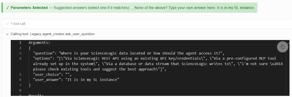 Tool call with user_answer for ScienceLogic instance location