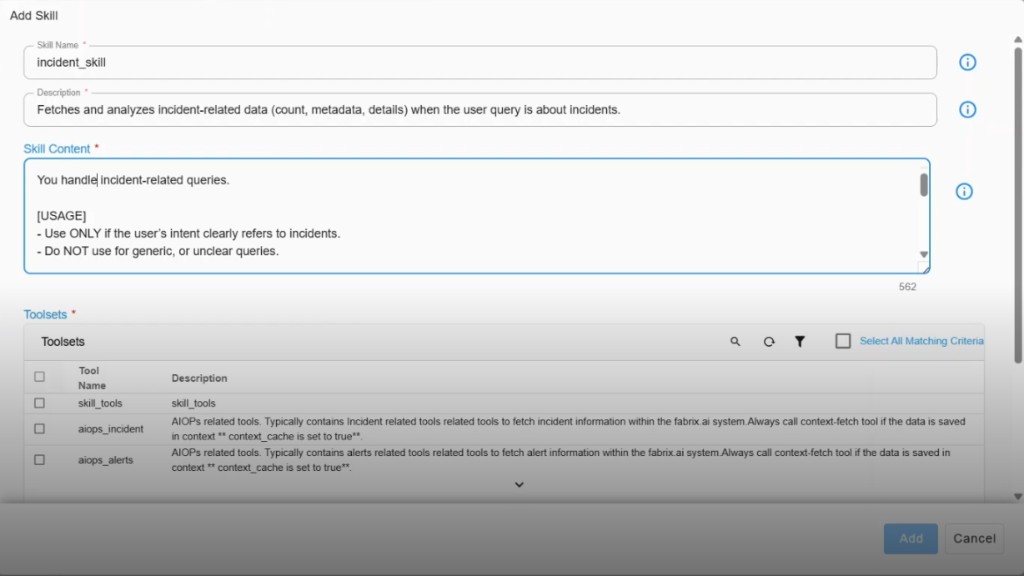 Add Skill form: name, description, skill content, and toolset selection