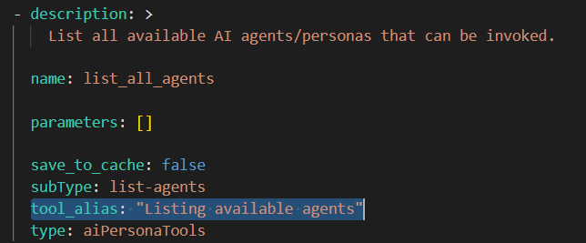 Toolset YAML showing tool_alias on list_all_agents
