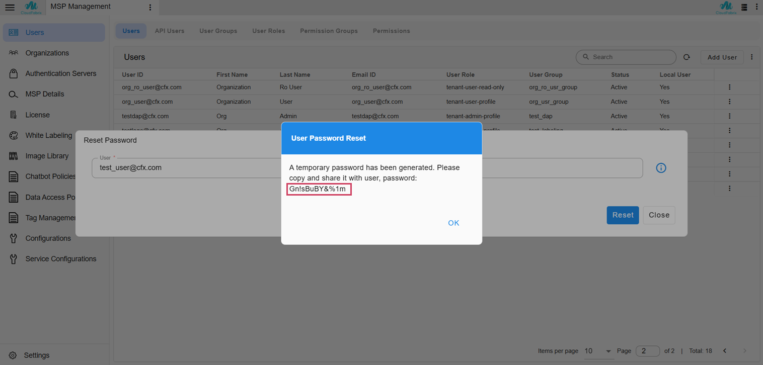 User Password Reset